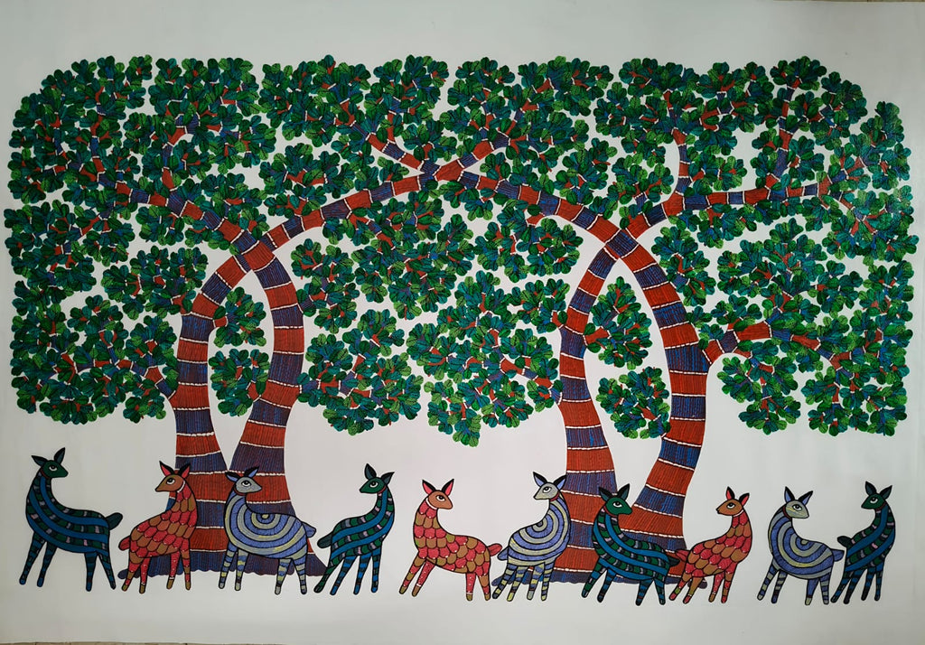 Buy The Vibrant Herd: Trees and Deer in Gond Painting by Choti Tekam