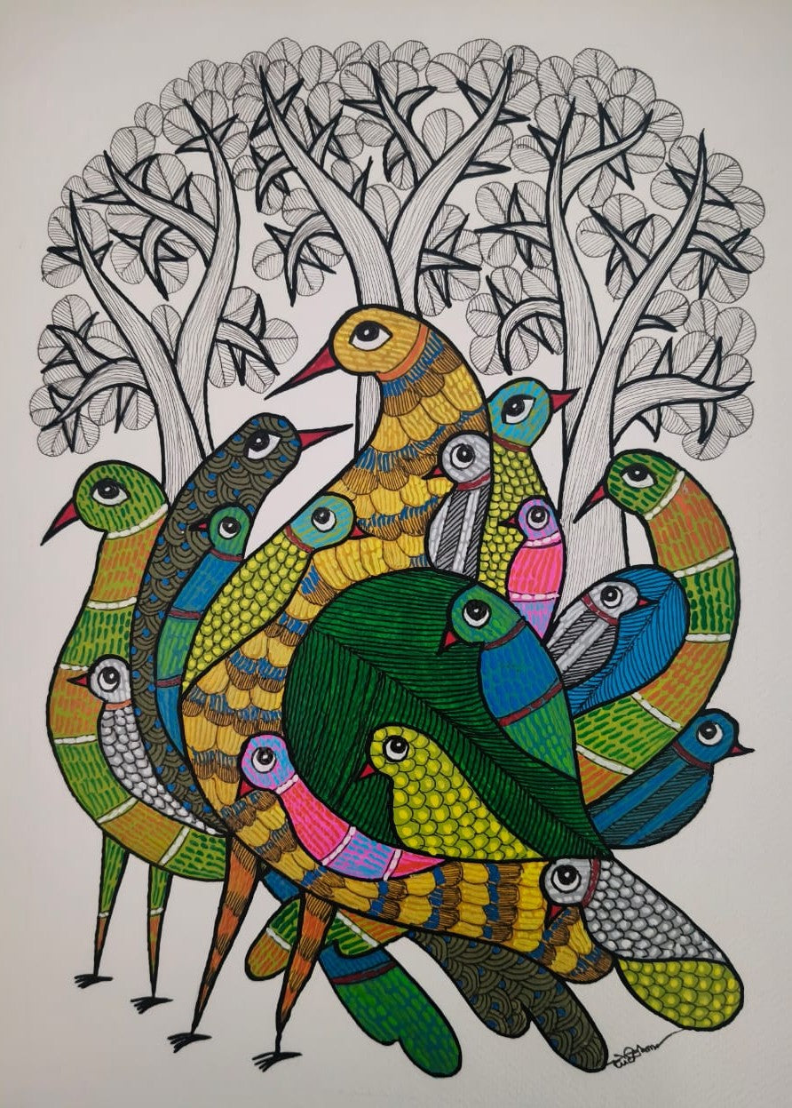 The Wings of Flight in Nature: Flock of Birds in Gond by Choti Tekam Thumbnail