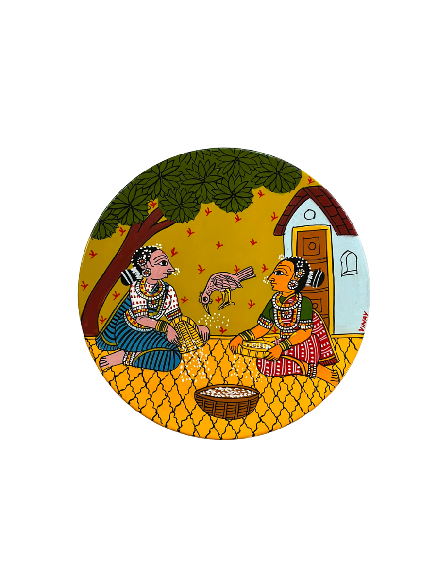 The Women and Rice Husking in Cheriyal Scroll Wall Plate by Dhanalakota Rakesh Thumbnail