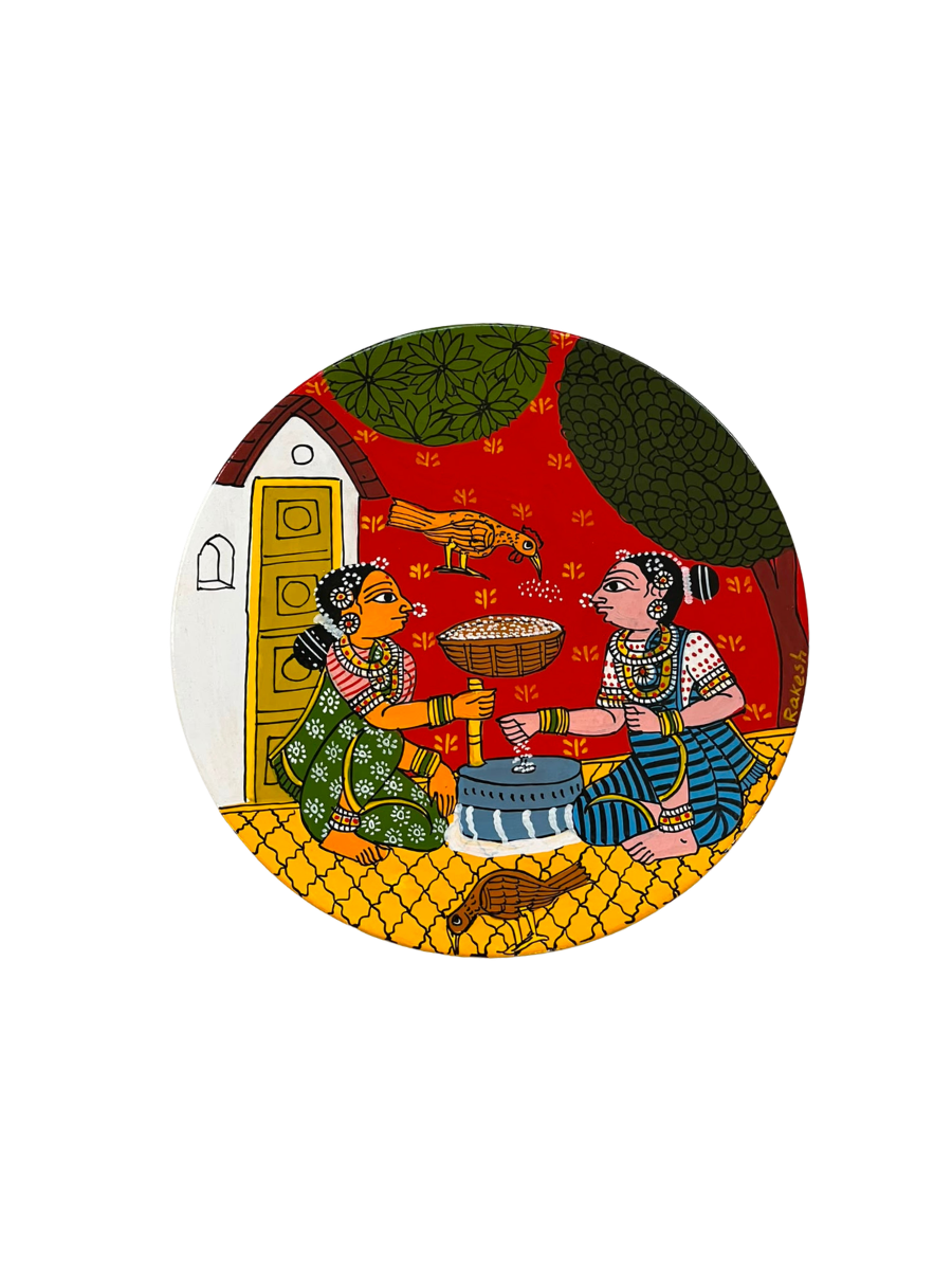 The Women and the Stone Mill in Cheriyal Scroll Wall Plate by Dhanalakota Rakesh Thumbnail
