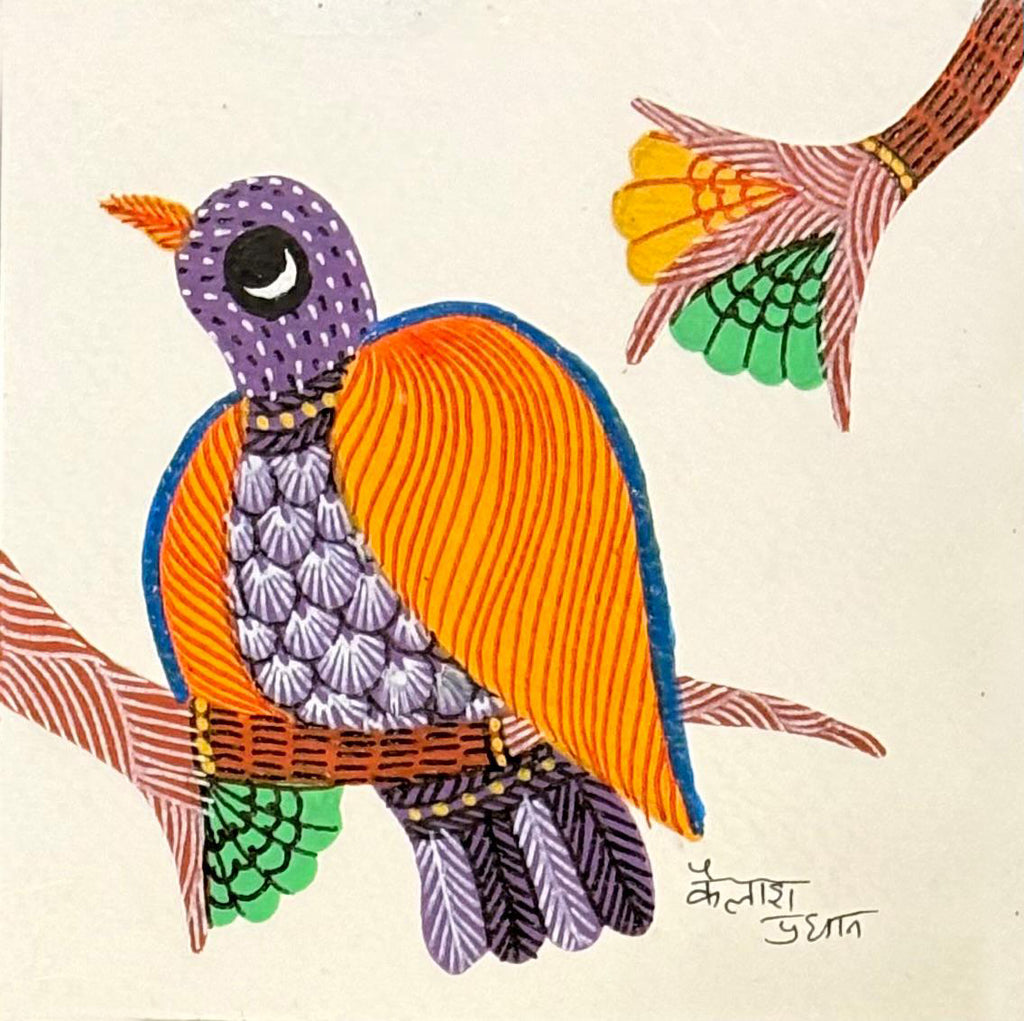 The colorful bird in Gond by Kailash Pradhan Thumbnail