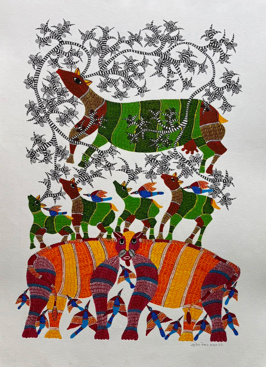 Tigers, Deer and Birds in Gond by Saroj Venkat Shyam Thumbnail