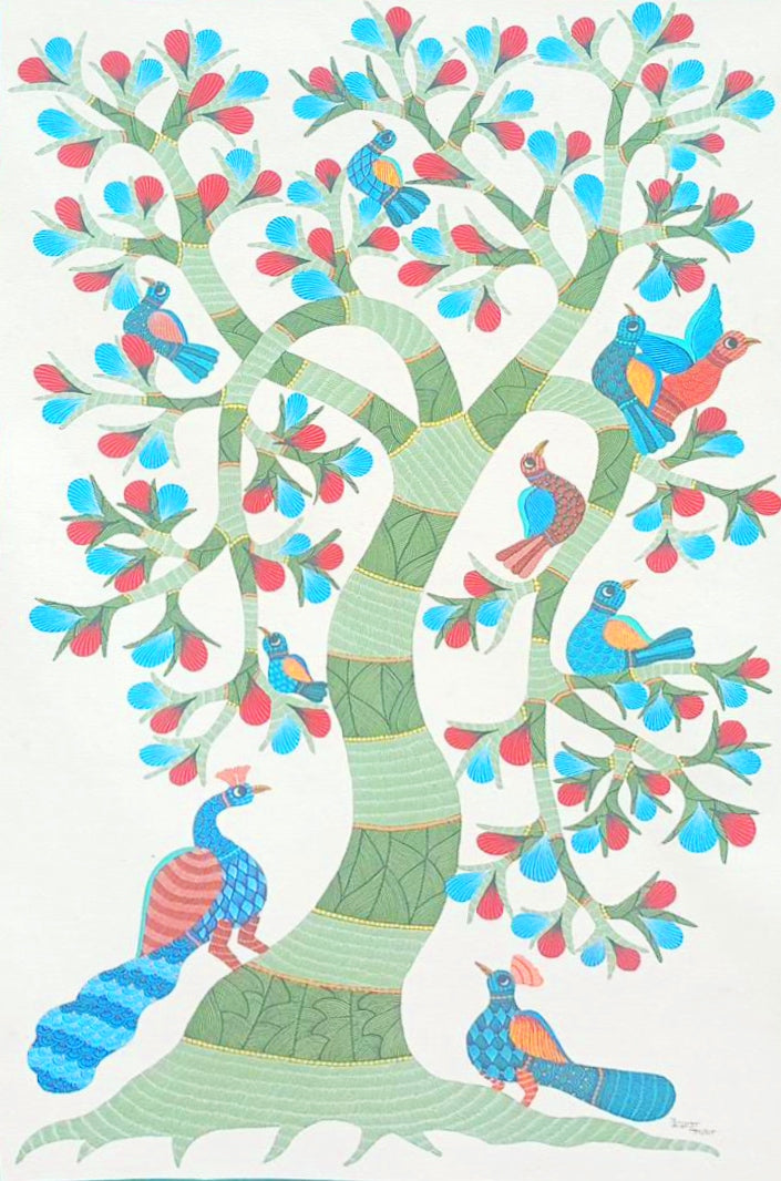 Peacocks Amidst Nature in Gond by Kailash Pradhan Thumbnail