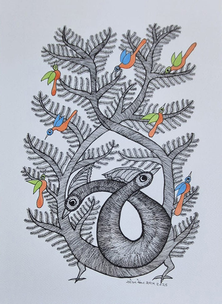 Peacocks, Birds and Trees in Gond by Saroj Venkat Shyam Thumbnail