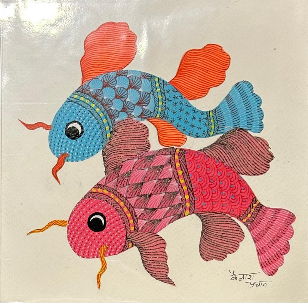 Twin fish in motion in Gond by Kailash Pradhan Thumbnail