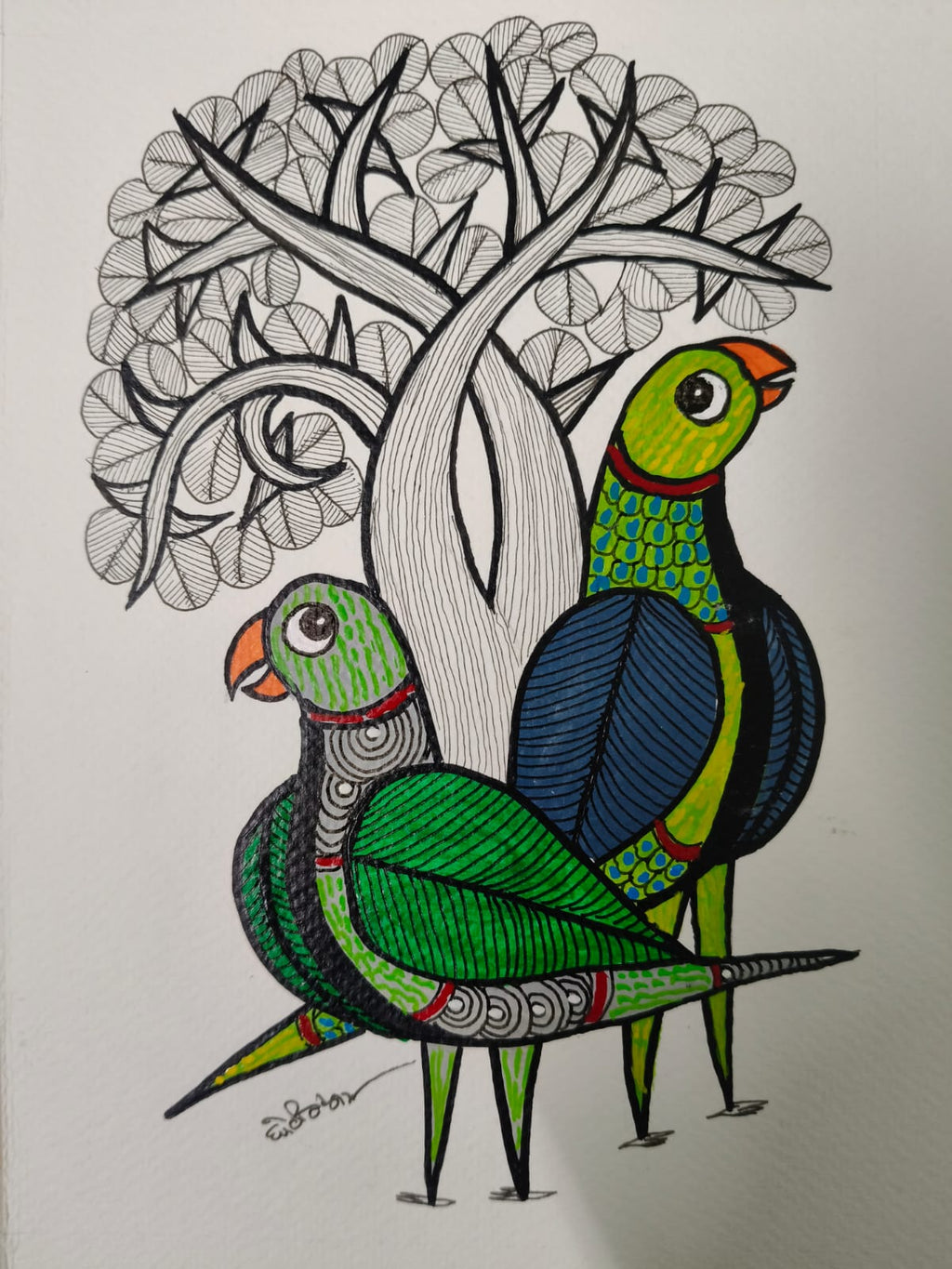 Under the Canopy: Pair of Parrots in Gond Art by Choti Tekam Thumbnail