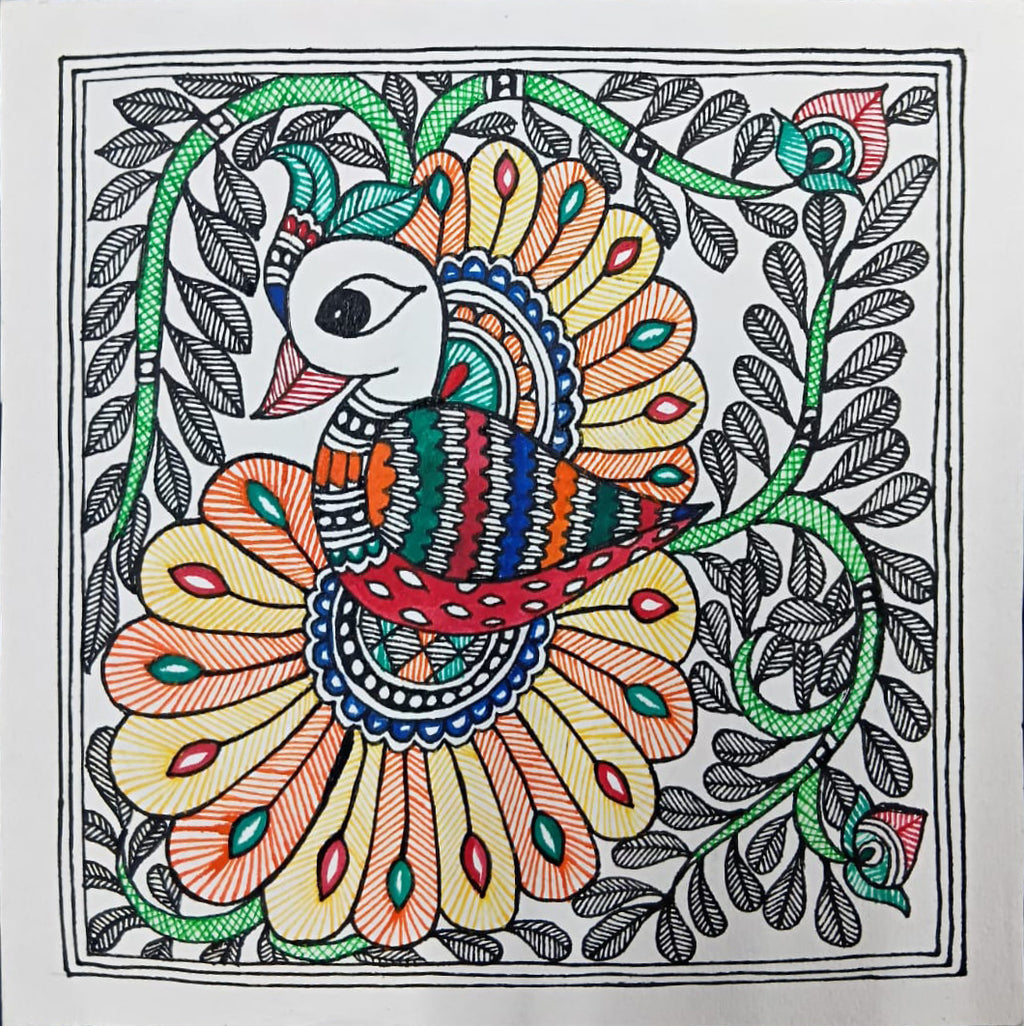 Vibrant peacock in Madhubani by Priti Karn Thumbnail