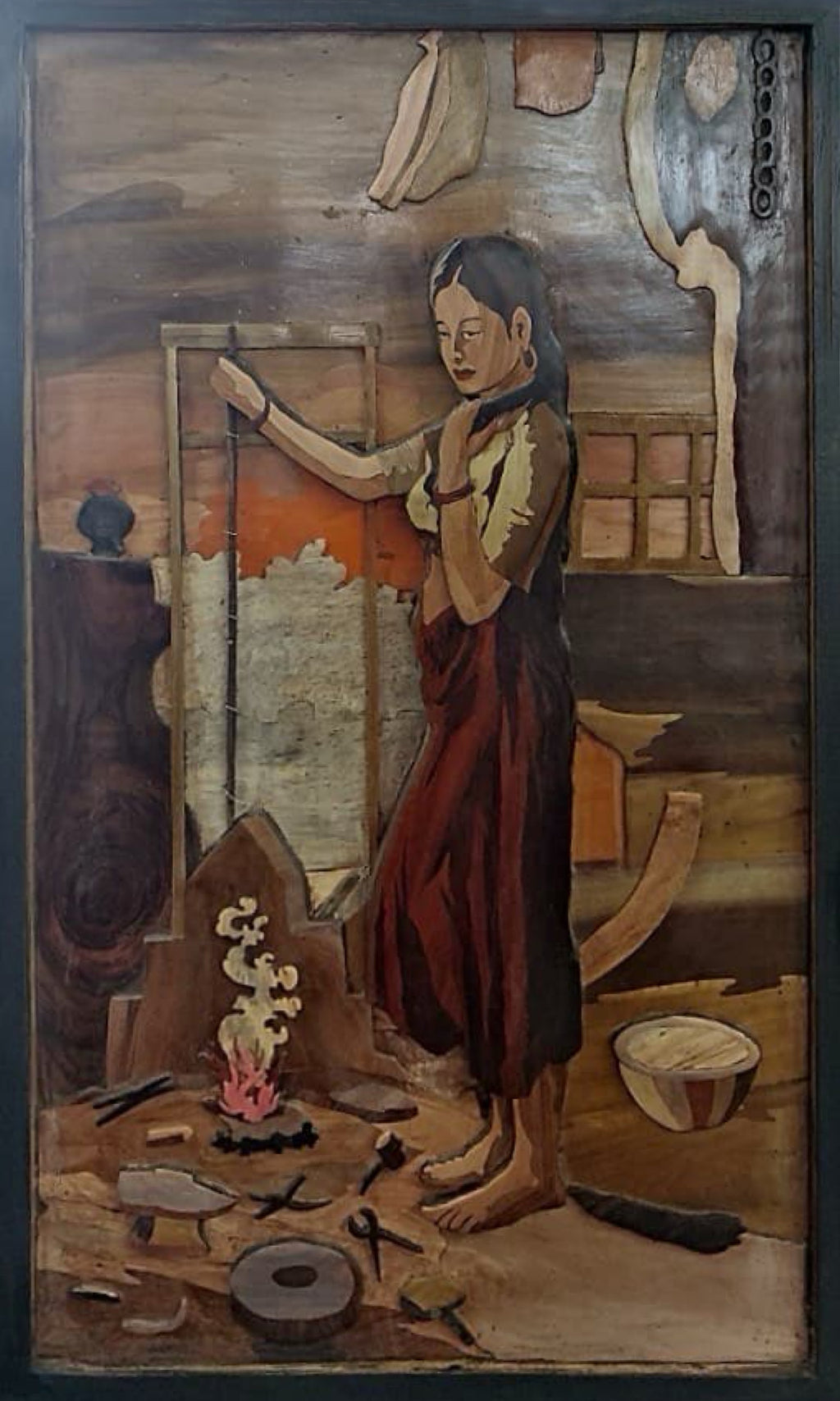 Woman by the hearth in Wood Inlay 3D panel by Mohan Kumar Thumbnail