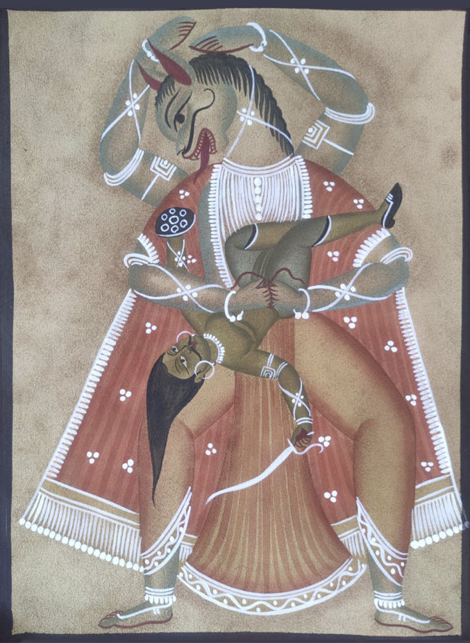 Unleash the raw power of Narsimha with the captivating Roaring Divinity: Kalighat Patua Painting. Purchase yours today!