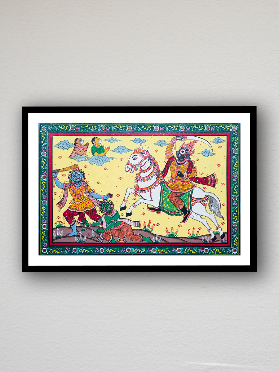 Divine Conquest: Sacred Victory Pattachitra Painting on a canvas by Apindra Swain for sale
