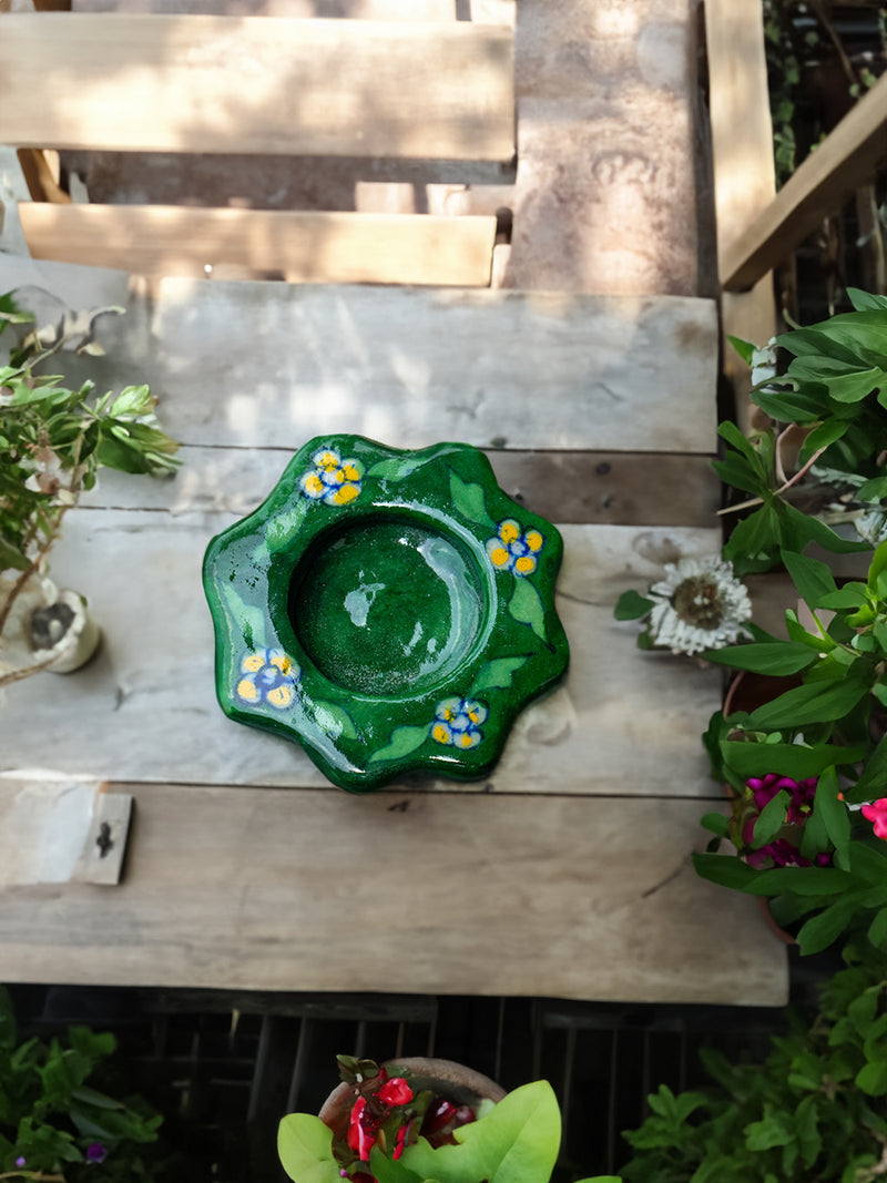 Green Floral Clay Diya for Sale