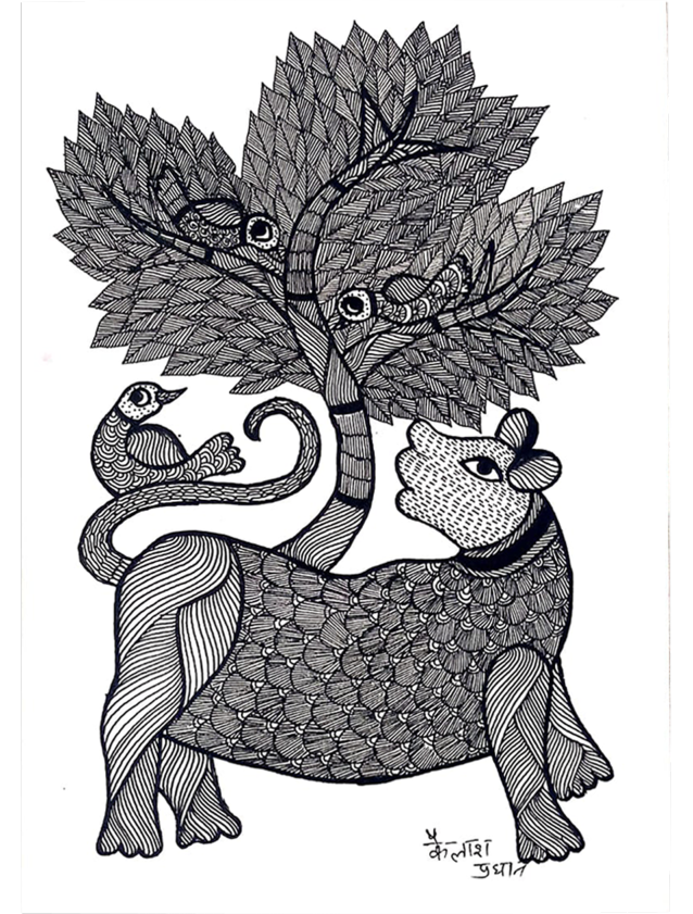 Purchase An Appealing Symphony of Nature and Monochromatic Shades Gond Painting by Kailash Pradhan