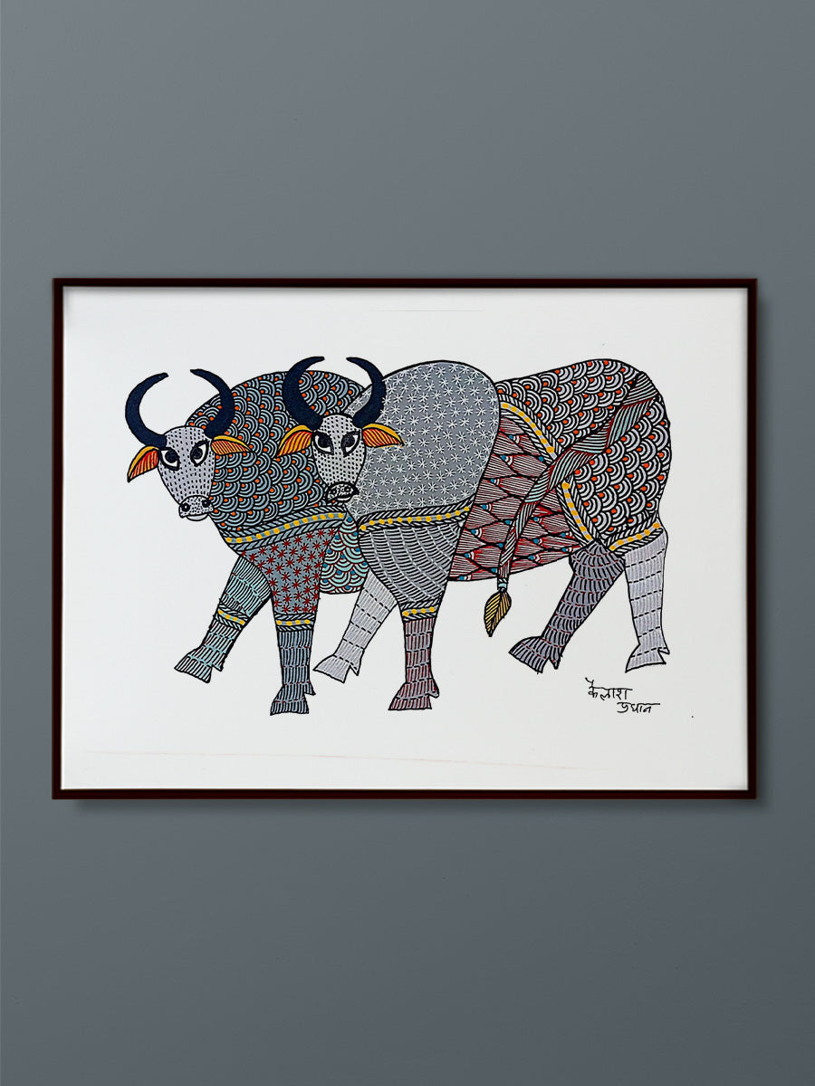 A Serenade of Colors and Monochromatic Contrasts Gond Painting by Kailash Pradhan for sale