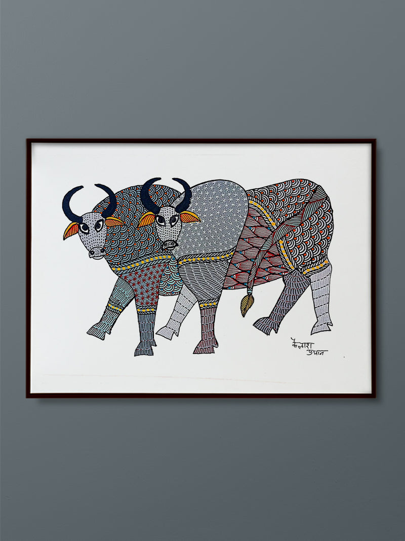 A Serenade of Colors and Monochromatic Contrasts Gond Painting by Kailash Pradhan for sale