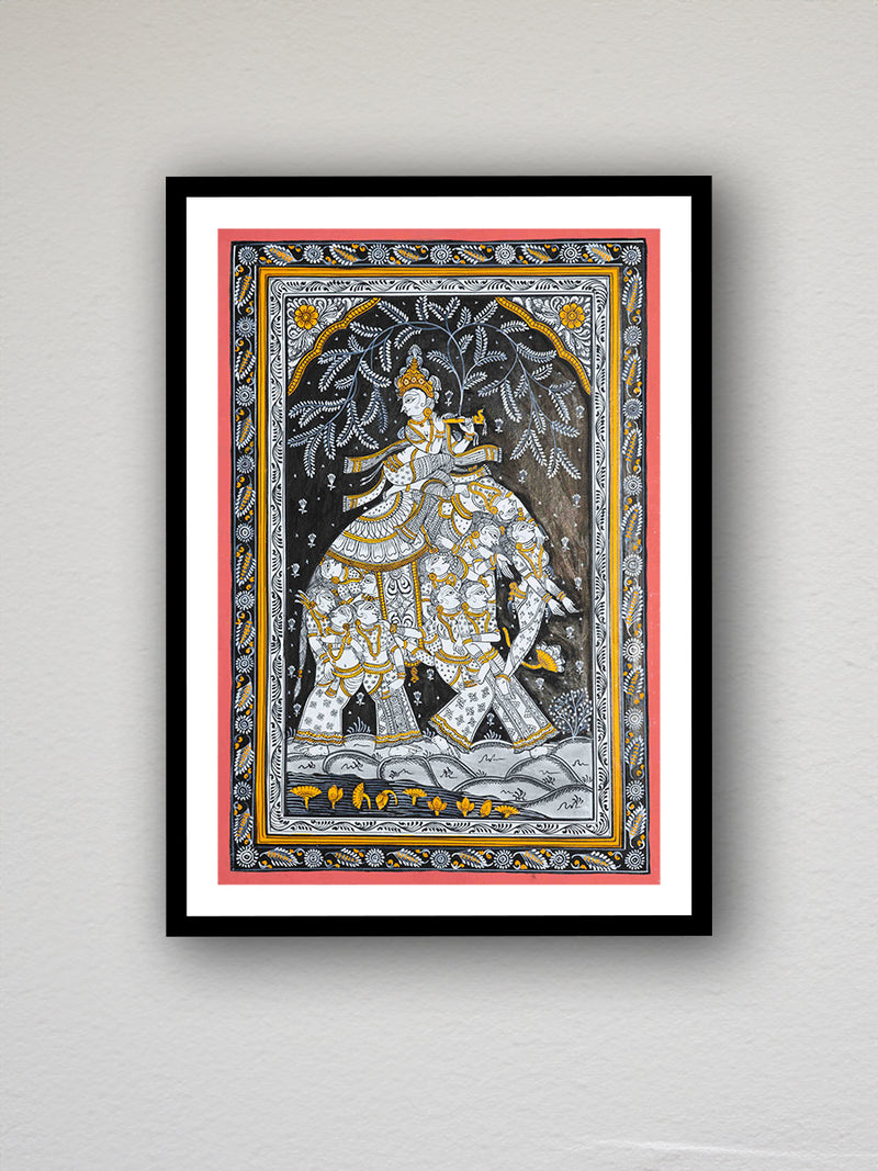 Melodic Splendour: The Divine Grace of Lord Krishna Pattachitra Painting on a canvas by Apindra Swain for sale