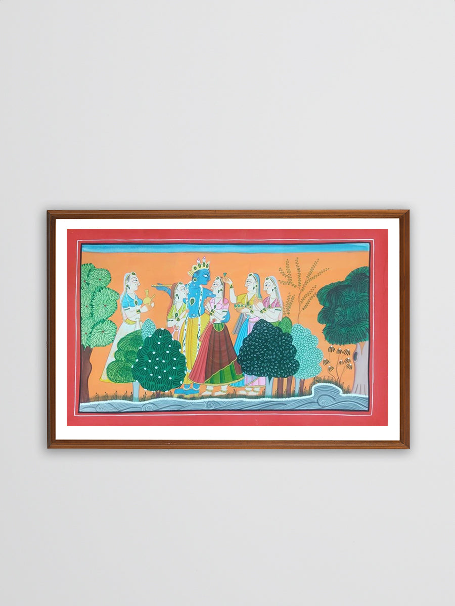 Divine Ecstasy: Lord Krishna in Basohli Splendor Basohli Painting by Aastha Billowria  & Shivakshi Sharma for sale