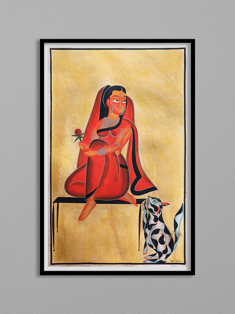 The Woman and the Cat: Kalighat painting by Uttam Chitrakar for Sale