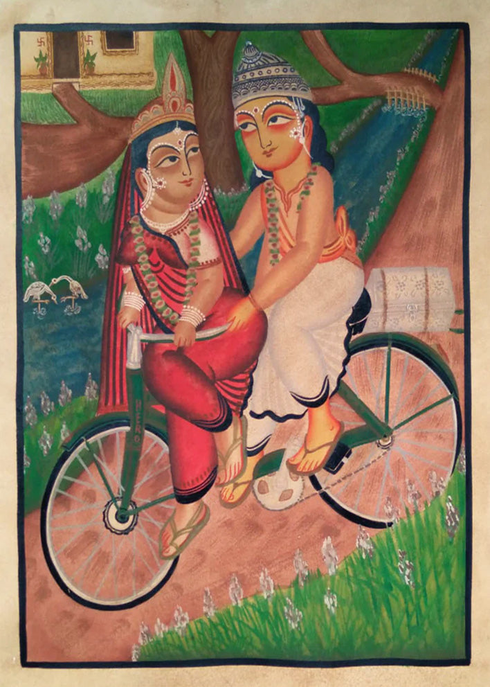 Couple's Loving Ride: Kalighat Art by Bapi Chitrakar Thumbnail