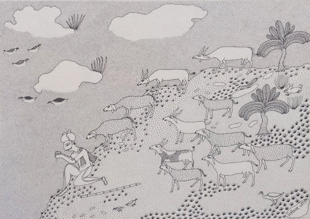Buy Cows with calves in Jogi Art by Govind Bhai Bharthri