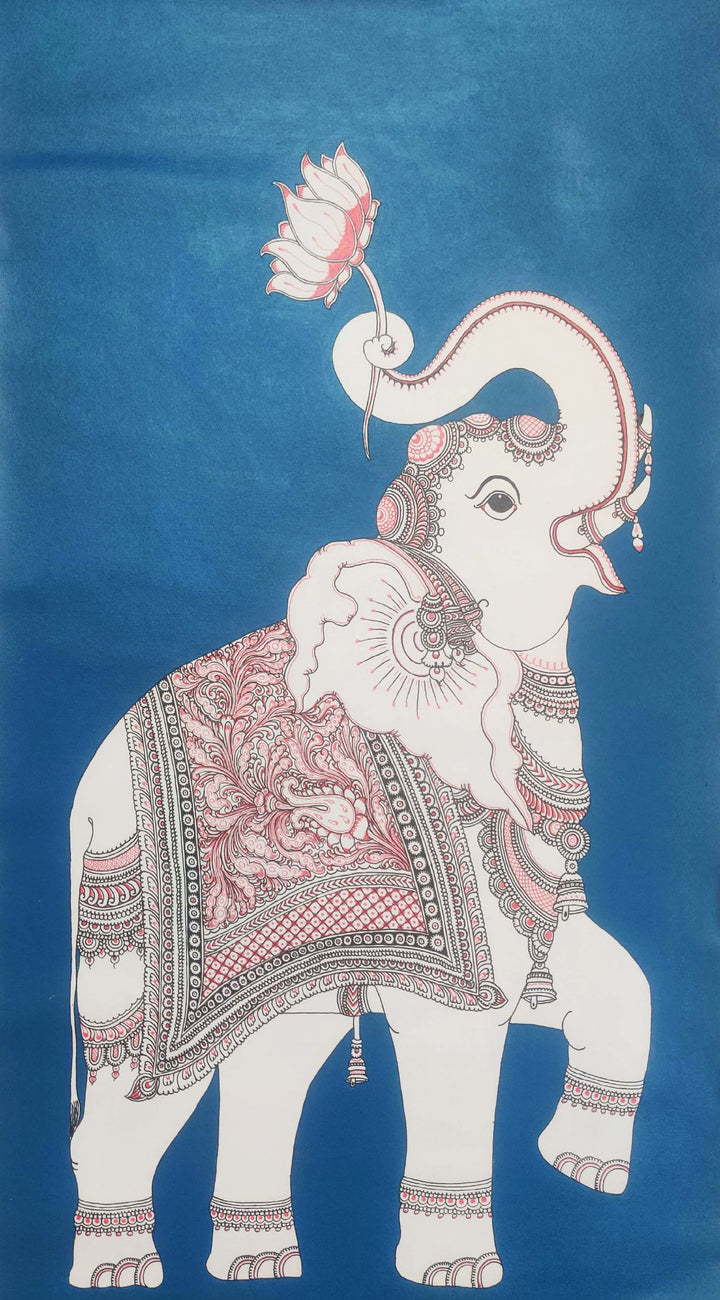 Elephant and Lotus Contemporary Kalamkari Inspired Art by Harinath N Thumbnail