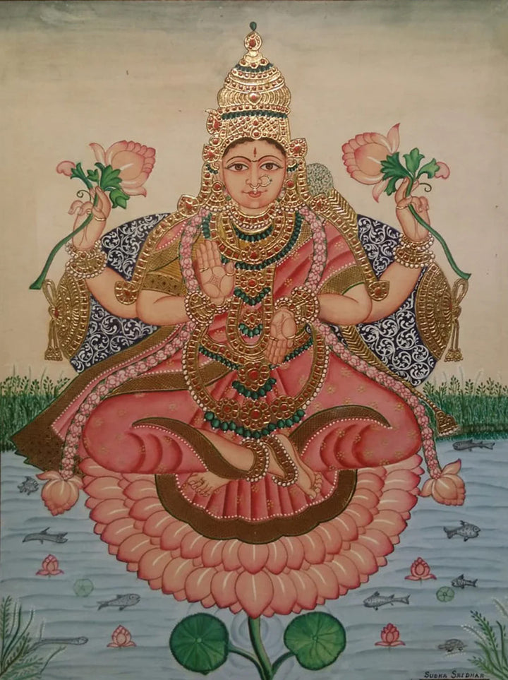 Lotus Blossoms of Prosperity: A Mysore Painting of Goddess Lakshmi by Dr. J Dundaraja Thumbnail