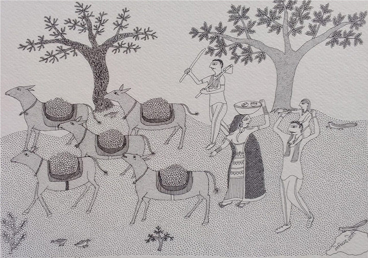 Pastoral Scene in Jogi Art by Govind Bhai Bharthri Thumbnail