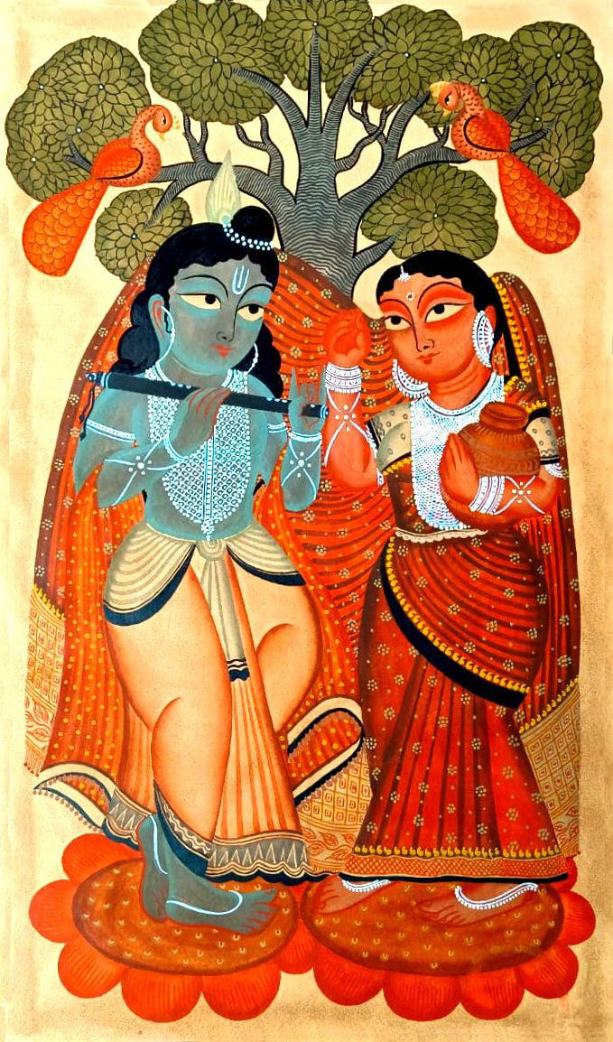 Buy Radha-Krishna's Sacred Love in Kalighat Painting by Bapi Chitrakar