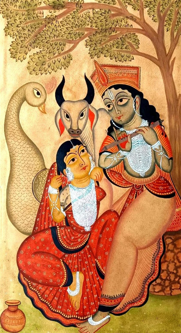 Buy Radha-Krishna's Sacred Shade in Kalighat Art by Bapi Chitrakar
