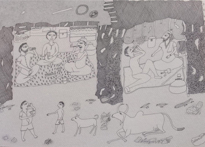 Scene from Rural life in Jogi Art by Govind Bhai Bharthri Thumbnail