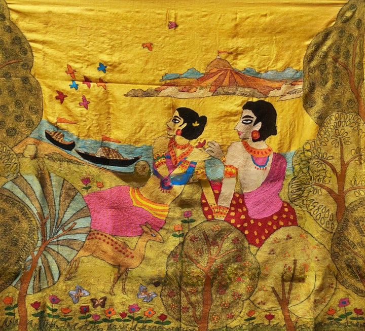 Serene Scene in Batik and Kantha by Kartik Manna Thumbnail