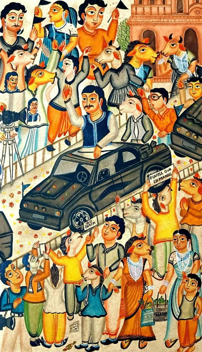 The Political Rally in Kalighat Painting by Bapi Chitrakar Thumbnail
