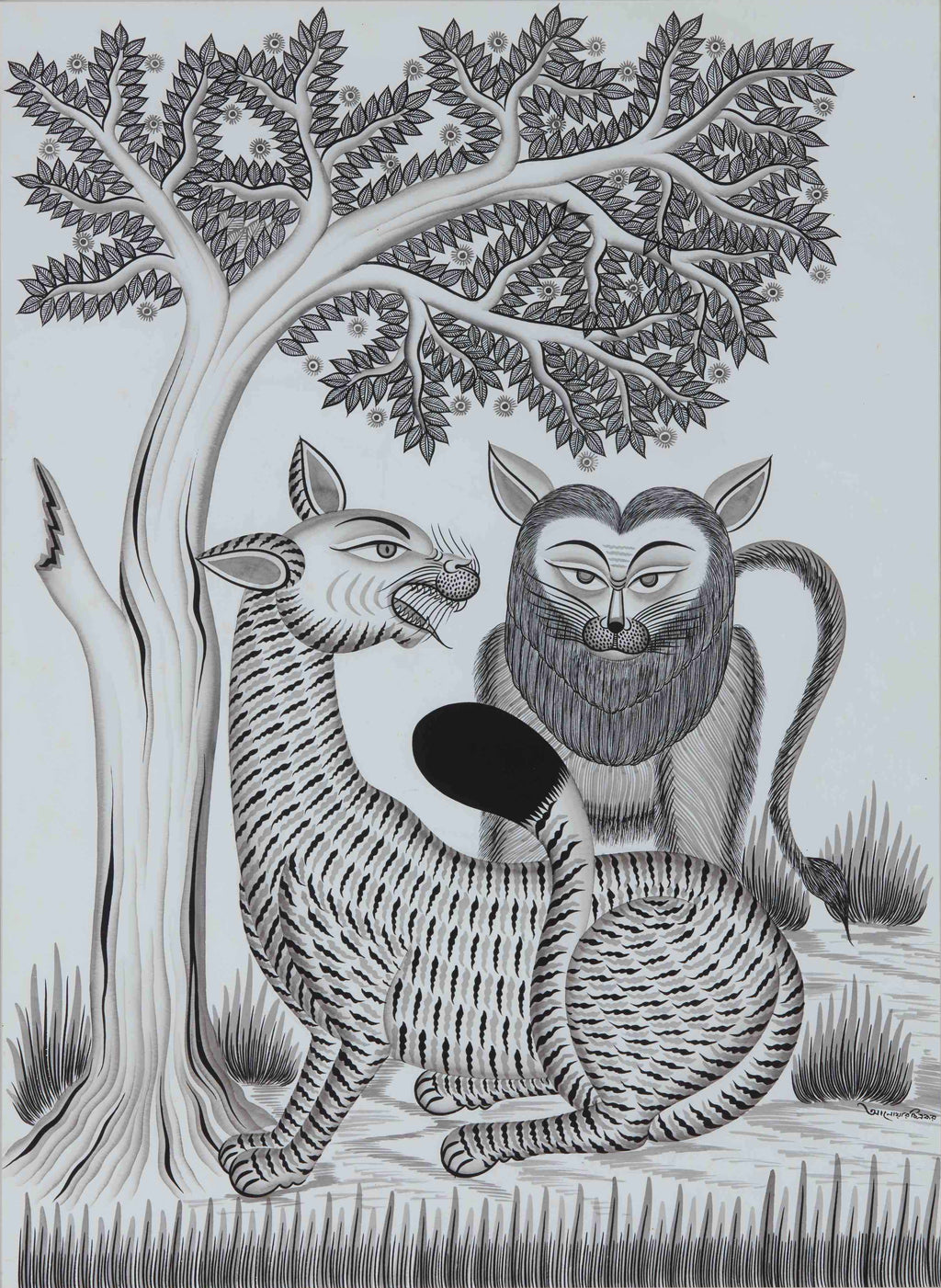 Buy Tiger and Lion Under Tree in Gond art by Baaya