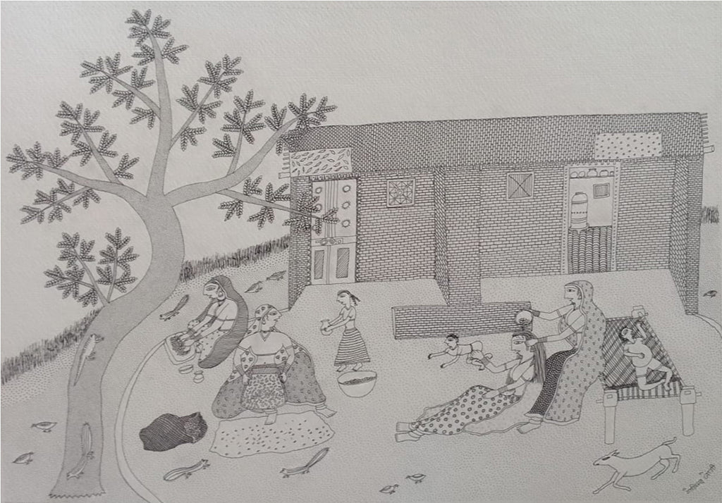Buy Tranquil Village scenes in Jogi Art by Govind Bhai Bharthri