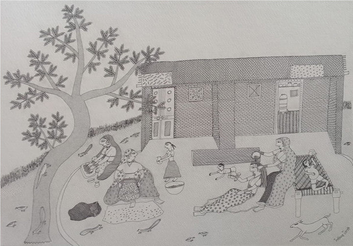 Tranquil Village scenes in Jogi Art by Govind Bhai Bharthri Thumbnail