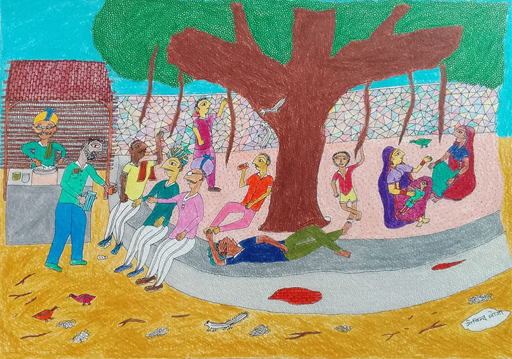 Under the Banyan Tree in Jogi Art by Govind Bhai Bharthri Thumbnail
