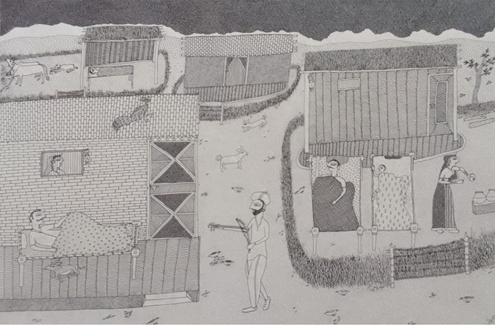 Village Scene in Jogi Art by Govind Bhai Bharthri Thumbnail