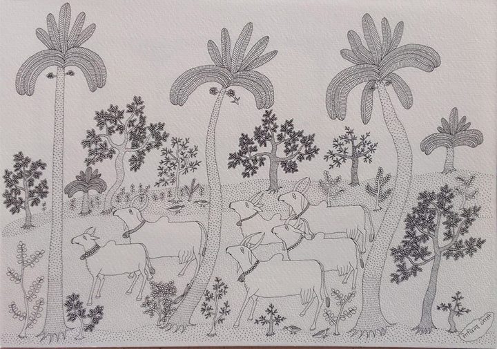 Villege Cattle in Jogi Art by Govind Bhai Bharthri Thumbnail