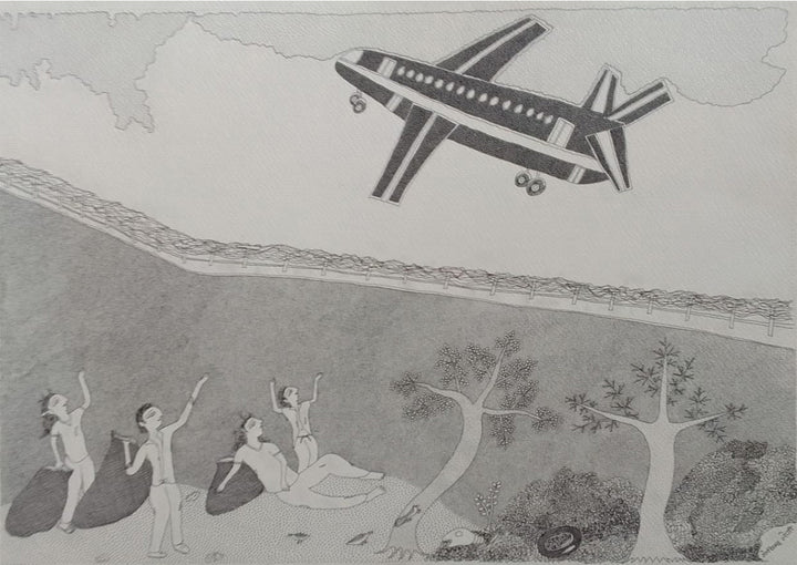 Villeger's Salute To The Passing Plane in Jogi Art by Govind Bhai Bharthri Thumbnail