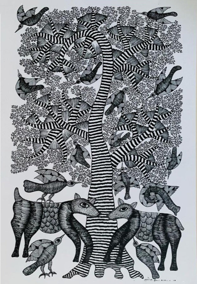 Ped, Pakshi, Hiran: Gond Art by Saroj Venkat Shyam for Sale
