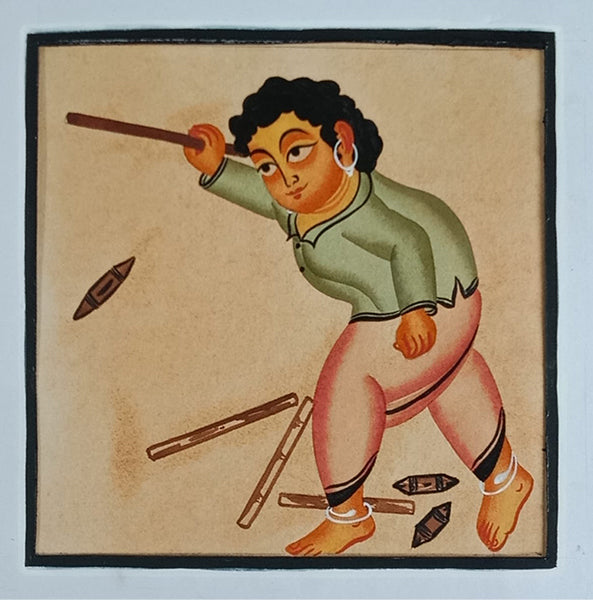 Traditional Play in Kalighat: A Boy with Gilli-Danda by Bapi Chitrakar