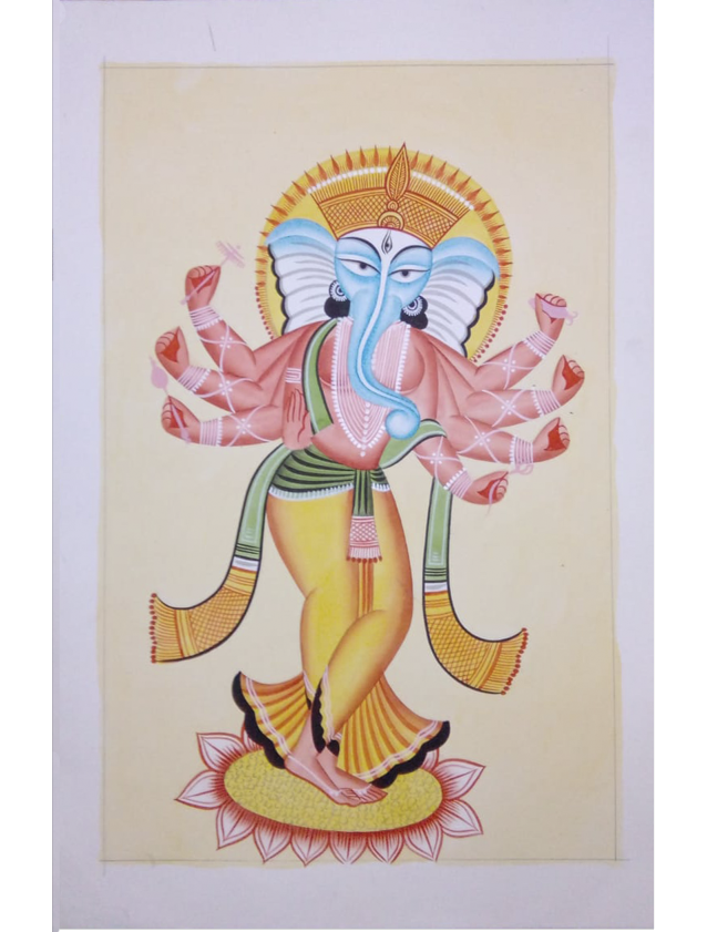 Immerse yourself in the captivating beauty of 'The Poetic Lord Ganesh' Kalighat painting tradition from Mystic Reflections - order your own exquisite piece today!