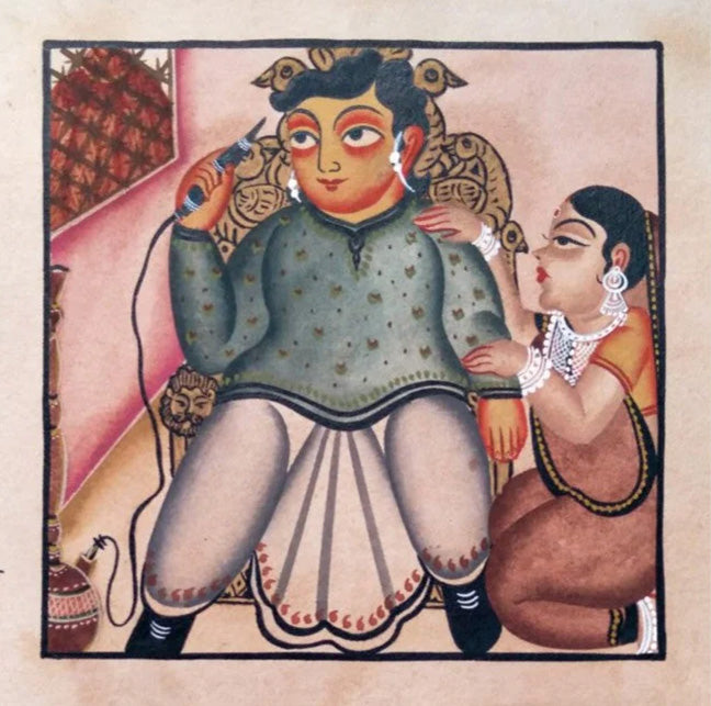 Buy Babu with Hookah in Kalighat Painting by Bapi Chitrakar