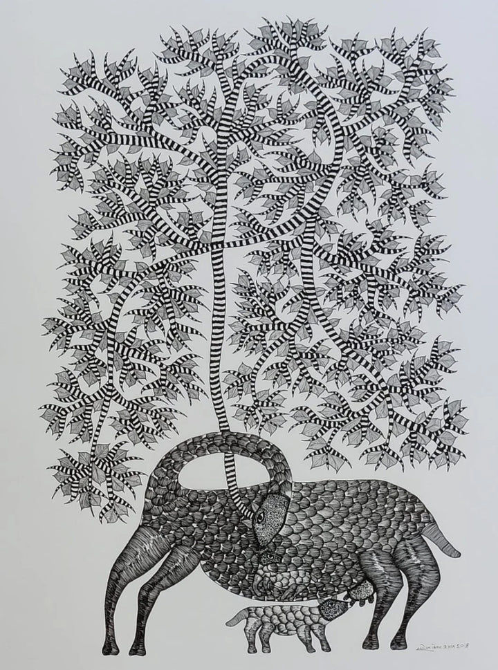 Mother Deer and Fawn in Gond painting by Saroj Venkat Shyam Thumbnail