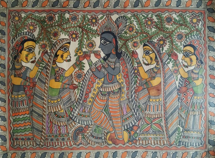 Krishna playing flute with Gopies in Madhubani by Naina Creation Thumbnail
