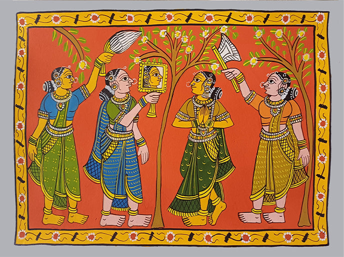Reflecting Beauty: The Graceful Women in Cheriyal Scroll by Sai Kiran for Sale