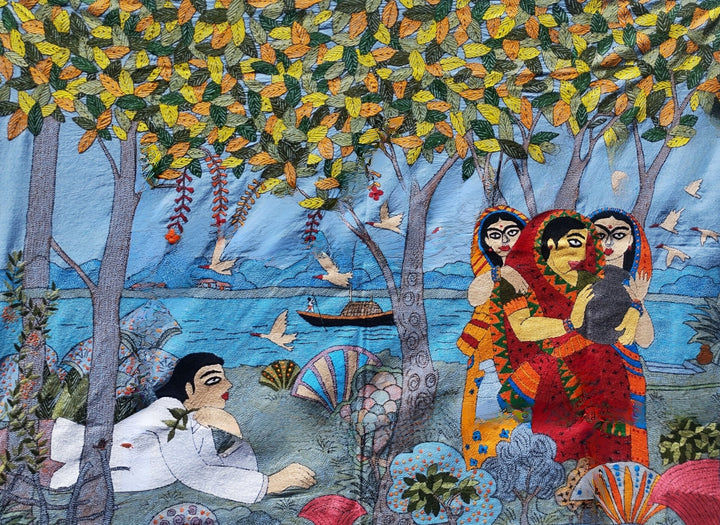 Village Scene in Batik and Kantha by Kartik Manna Thumbnail