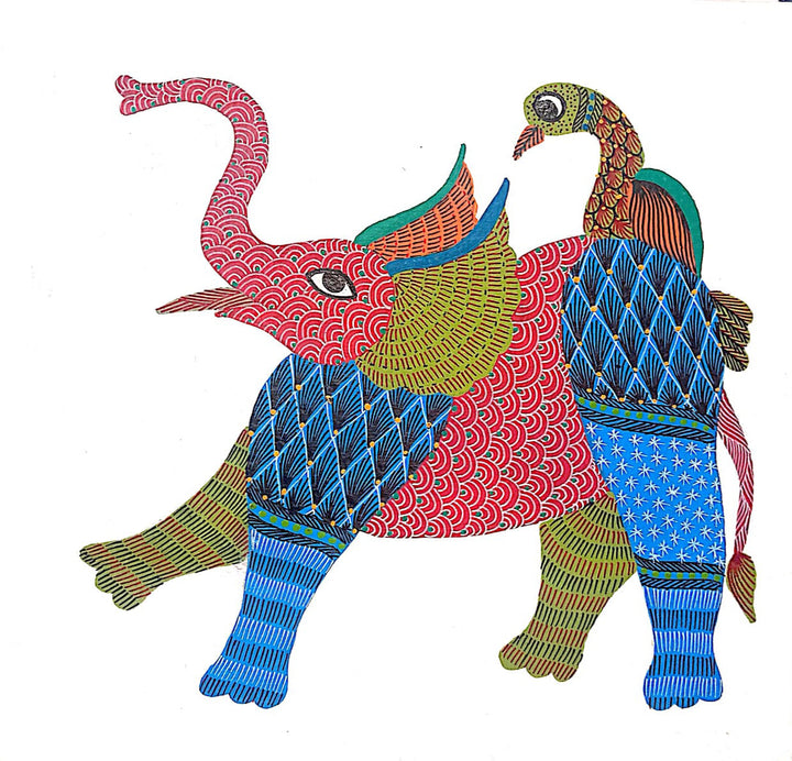 A Forest ride: Elephant and bird in Gond by Kailash Pradhan Thumbnail