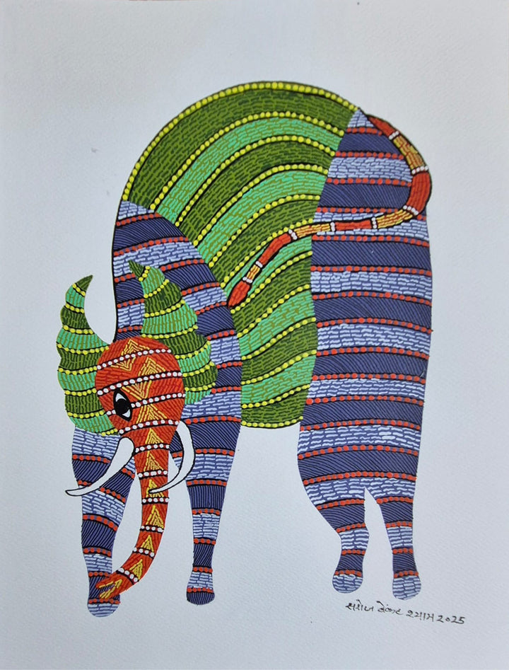 The Curving Elephant in Gond by Saroj Venkat Shyam Thumbnail