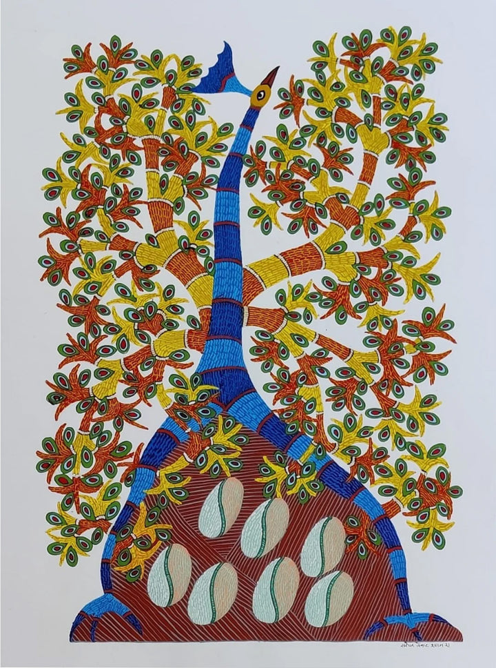 Mother Peacock and Tree in Gond painting by Saroj Venkat Shyam Thumbnail
