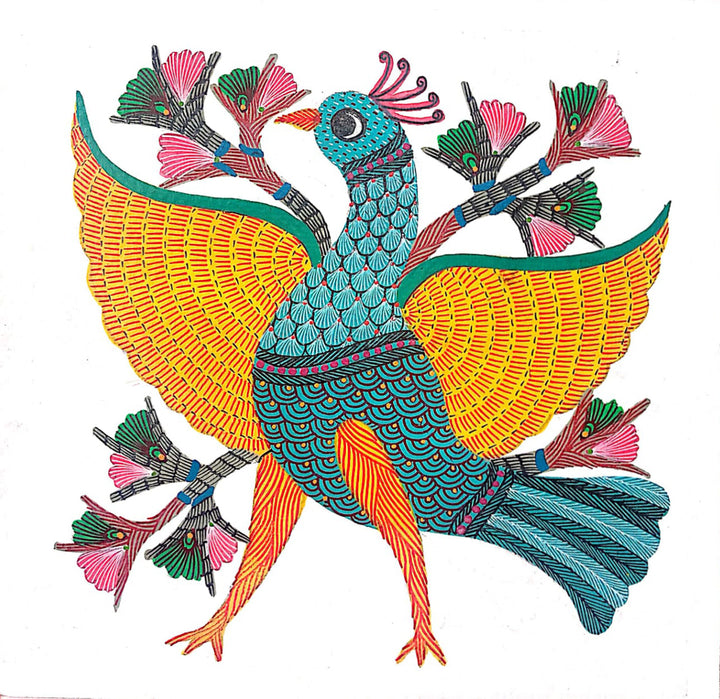 The Patterned Wing: Peacock in Gond Painting by Kailash Pradhan Thumbnail